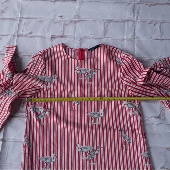 Zara Womens Red Vertical Striped Heron Bird Print Bow with Long Sleeve Blouse XS - Picture 11 of 12